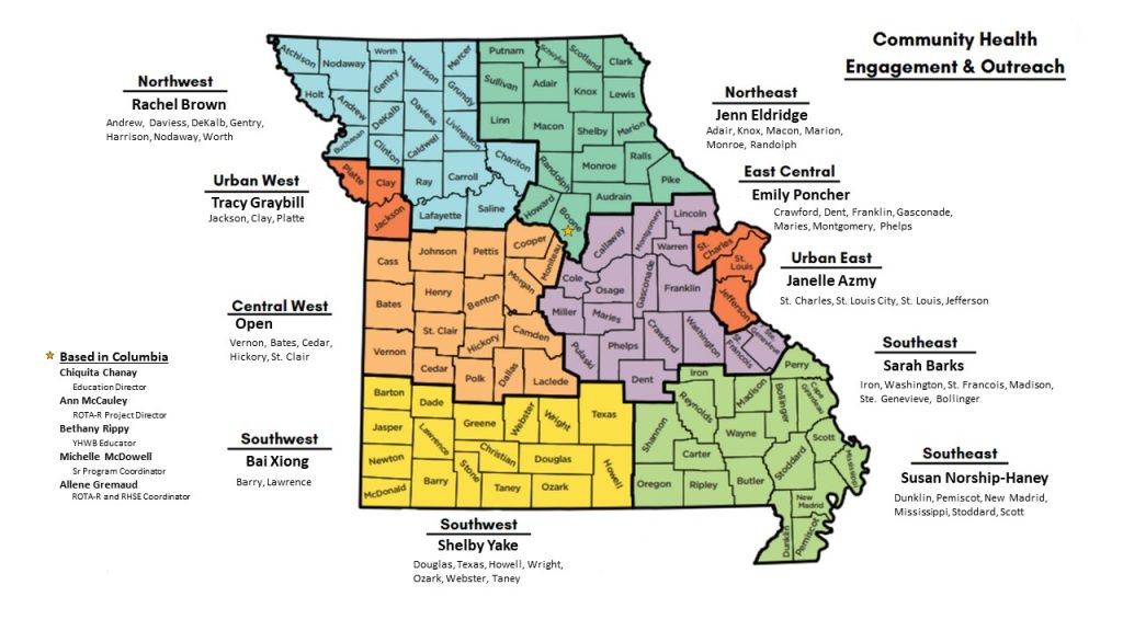 Missouri map with a list of CHEO personnel. For more details on each region and personnel contact information, click on the button labeled Faculty and Staff.