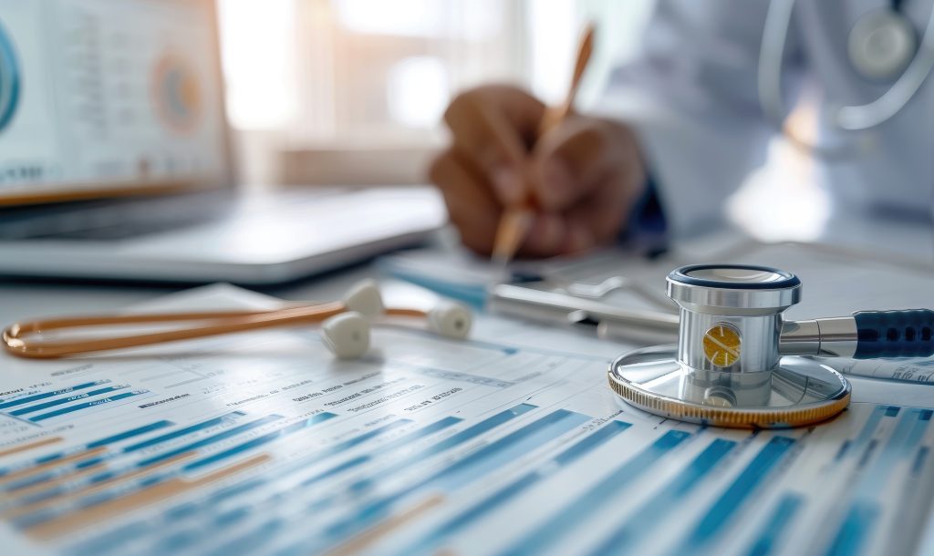 A researcher's hand writing on a desk with deidentified medical data